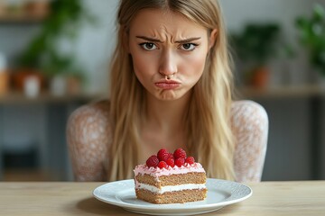 Saying no to sweets during a diet, woman rejecting a piece of cake, showing determination to maintain a healthy lifestyle, Generative AI