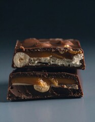 Close-up of two stacked chocolate bars with caramel and nuts on a dark background for detailed confectionery and dessert photography