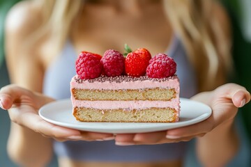 Saying no to sweets during a diet, woman rejecting a piece of cake, showing determination to maintain a healthy lifestyle, Generative AI
