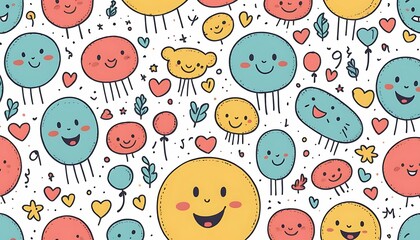 Smiling Cartoon Characters Pattern Colorful Whimsical Design