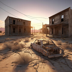 Cinematic Deserted Ghost Town with Volumetric Light in Surface Model Style