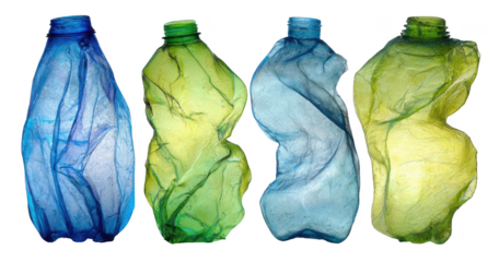 Four crumpled plastic bottles in varying shades of blue and green