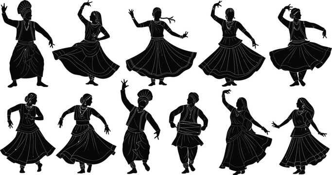Graceful silhouettes capture Indian dancers performing traditional folk dance choreography in artistic poses and rhythmic movement.