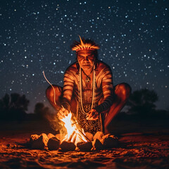 Fototapeta premium Indigenous Australian man lighting ceremonial fire