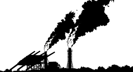 Obraz premium Silhouetted industrial plant emitting thick plumes of dark smoke into the sky.