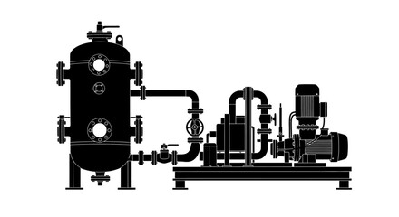 Black and white illustration of industrial equipment, including a tank, pipes, valves, and a motor on a platform.