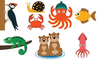Obraz premium Cartoon Animals Woodpecker, Snail, Crab, Octopus, Fish, Chameleon, Otters, and Squid Compilation