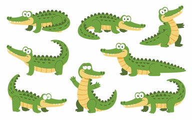 Cartoon Green Alligators Playful Poses on White Background, Children's Illustration, Animal Design
