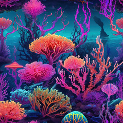 Synthwave Alien Coral Reef: Botanical Illustration Style