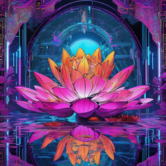 Futuristic Maximalist Chrome Lotus Pond in Screenprint Style