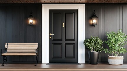 Black front door with sconces, bench, and plants sits on a wood porch