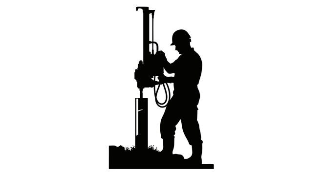 A silhouetted worker operates a drilling rig, diligently performing ground work.