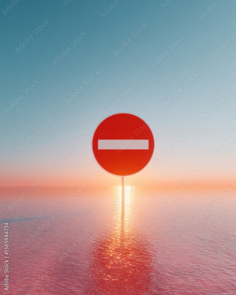 Poster Modern No Entry Sign with Bold Red Circle and White Slash Reflecting on Water at Sunset - Minimalist Warning Symbol for Digital and Commercial Use