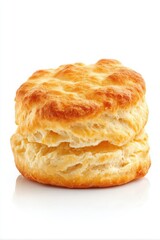 Freshly baked flaky biscuit with golden-brown crust and soft airy interior isolated on white background