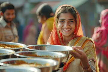 Vibrant Picture of Smiling Indian Girl Serving Langar Dish on Baisakhi Holiday