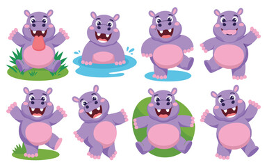 Obraz premium Collection of Cartoon Hippos in Various Poses, Sitting, Splashing, Dancing, Isolated on White Background
