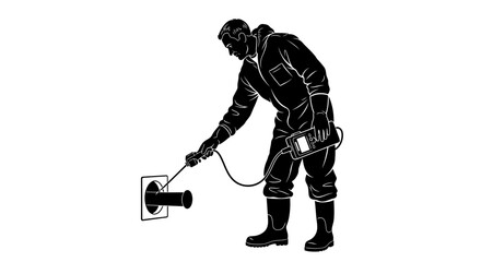 Silhouette of a worker inspecting a pipe with a camera device, black and white.