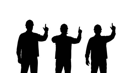 Three silhouetted construction workers wearing hard hats pointing upwards with their index fingers.