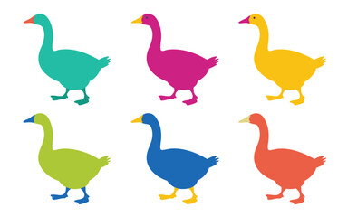 Obraz premium Colorful Goose Silhouettes Illustration Teal, Magenta, Yellow, Green, Blue, and Orange Isolated on White