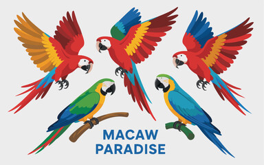 Fototapeta premium Colorful Macaw Paradise Vibrant Illustration of Scarlet, BlueandGold, and Green Macaws on Branches and in Flight