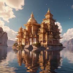 Ethereal Floating Monks Sanctuary Cinemagraph in Tritone Style