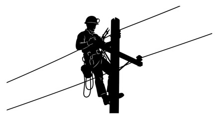 Silhouette of a lineman working on a utility pole with power lines, wearing safety gear.