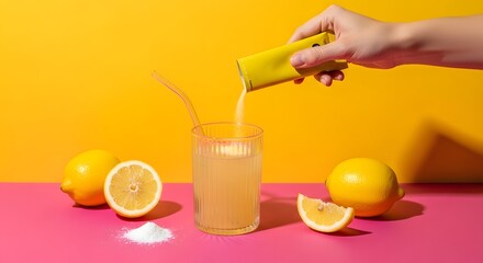 A Burst of Citrus: Vibrant Lemonade Preparation with a Golden Backdrop, Zesty Lemonade Creation: Hand Pouring Packet into Glass on a Cheerful Yellow and Pink Scene