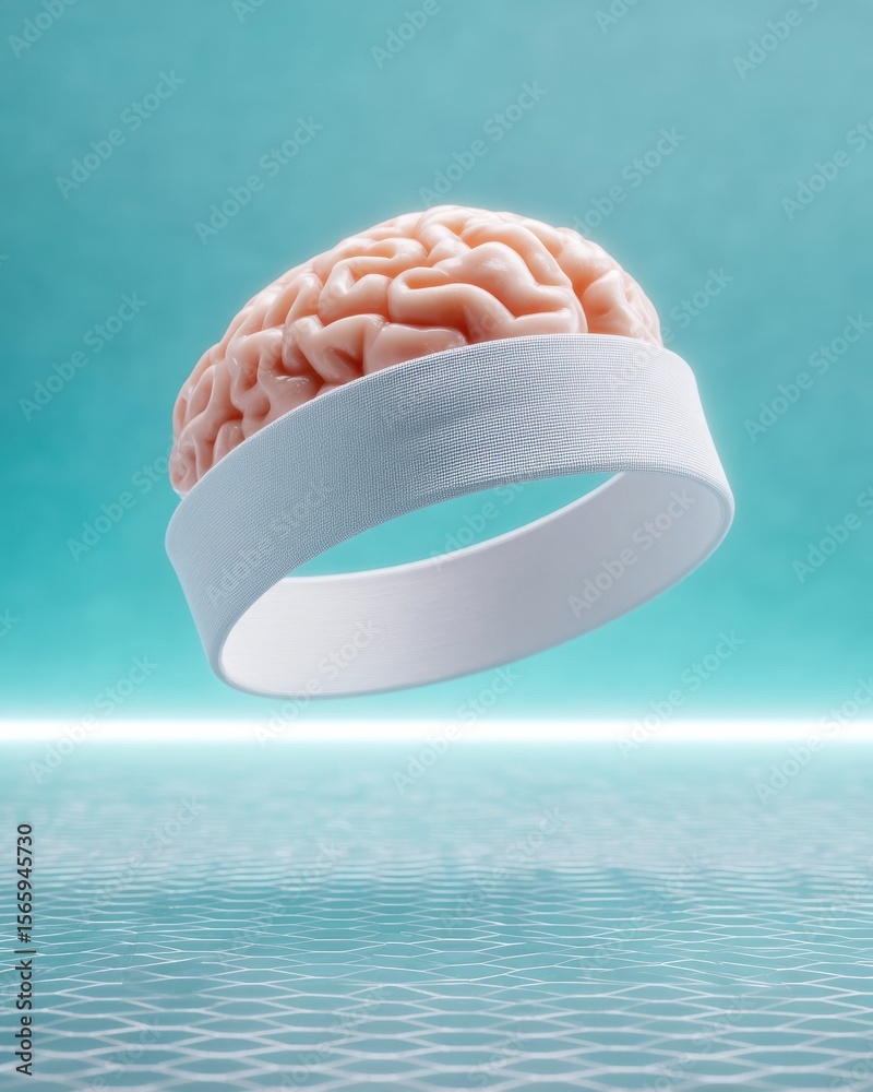 Poster Futuristic Biohacking Concept with Floating Brain and White EEG Headband on Hex-Grid Floor in Cyan Glow Highlighting Neurotech Innovation and Wellness