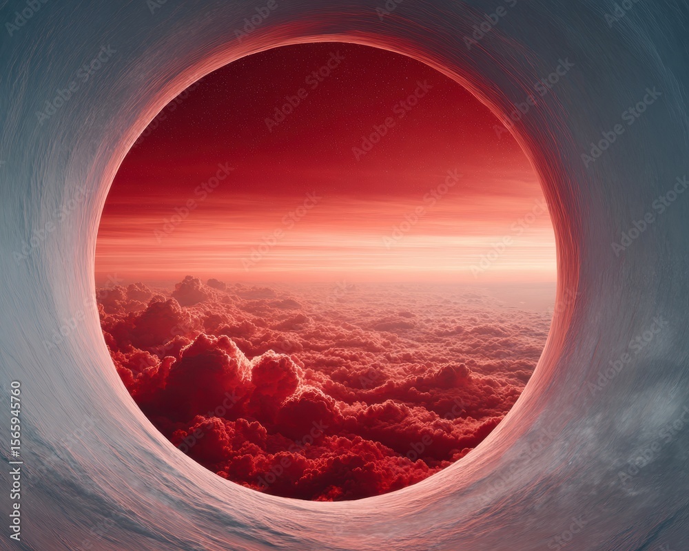 Aufkleber futuristic space station window viewing red cloudscape and glowing planet with neon accents for adva