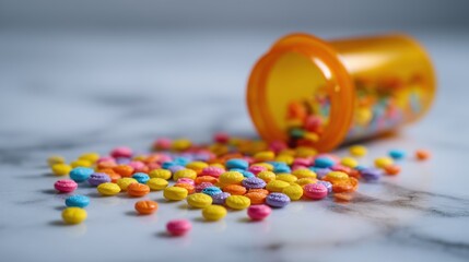 Colorful Pills Scattered on Marble Surface with Blurred Medicine Bottle in Close-Up