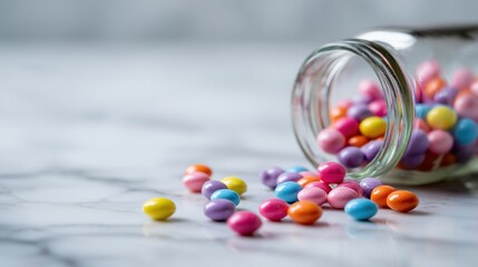 Colorful Pills Scattered on Marble Surface with Blurred Medicine Bottle in Close-Up