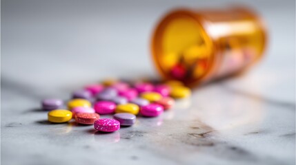Colorful Pills Scattered on Marble Surface with Blurred Medicine Bottle in Close-Up