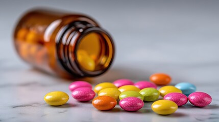 Colorful Pills Scattered on Marble Surface with Blurred Medicine Bottle in Close-Up