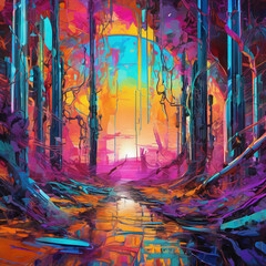 Glitch Art Style Electric Vineyard Oil Painting