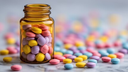 Colorful Pills Scattered on Marble Surface with Blurred Medicine Bottle in Close-Up