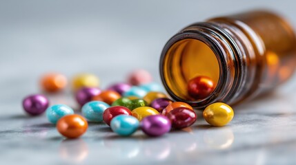 Colorful Pills Scattered on Marble Surface with Blurred Medicine Bottle in Close-Up