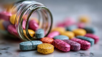 Colorful Pills Scattered on Marble Surface with Blurred Medicine Bottle in Close-Up
