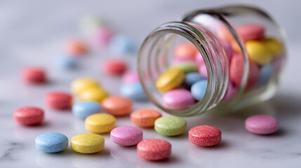 Colorful Pills Scattered on Marble Surface with Blurred Medicine Bottle in Close-Up