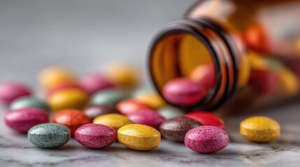 Colorful Pills Scattered on Marble Surface with Blurred Medicine Bottle in Close-Up