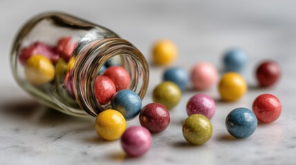 Colorful Pills Scattered on Marble Surface with Blurred Medicine Bottle in Close-Up