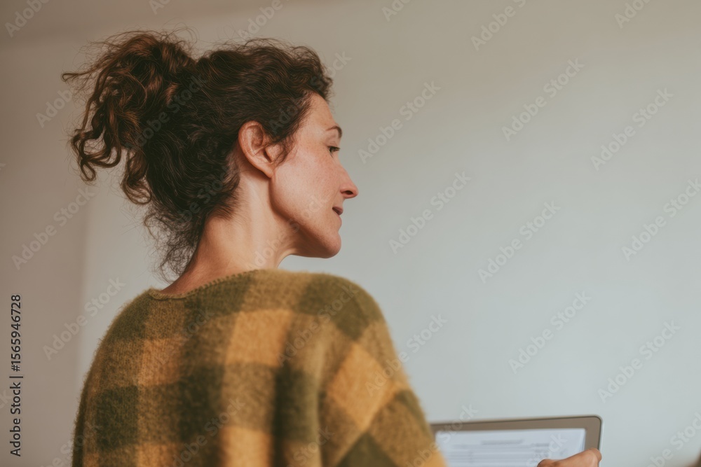 Aufkleber Woman Completing Digital Form Checklist on Laptop Screen in Cozy Modern Workspace Representing User Engagement and Efficient Online Workflow