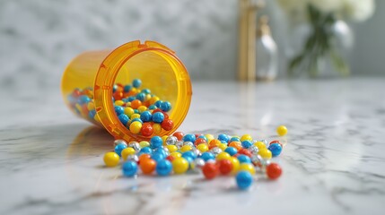 Colorful Pills Scattered on Marble Surface with Blurred Medicine Bottle in Close-Up