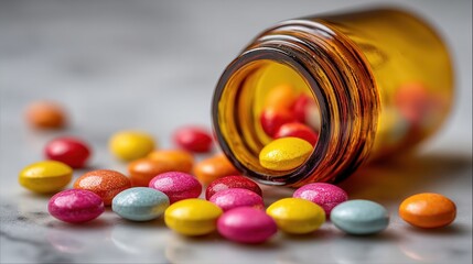Colorful Pills Scattered on Marble Surface with Blurred Medicine Bottle in Close-Up