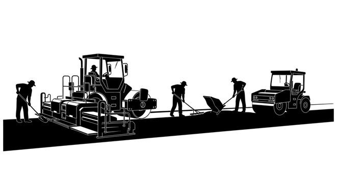 Road construction crew using heavy machinery to pave a new asphalt road surface.