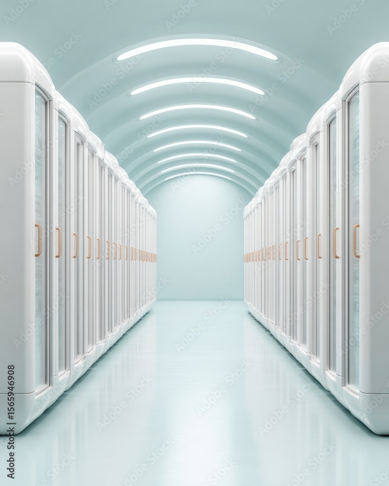 Poster Futuristic Data Center Aisle with Sleek White Servers and Soft Blue Lighting Showcasing Modern IT Infrastructure and Efficient Digital Storage Solutions