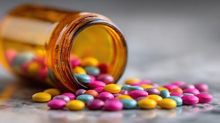 Colorful Pills Scattered on Marble Surface with Blurred Medicine Bottle in Close-Up