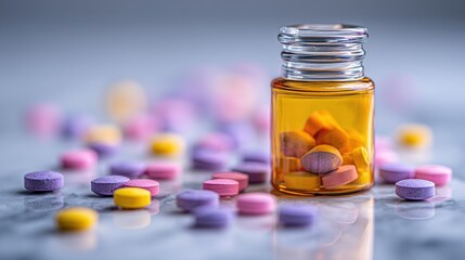 Colorful Pills Scattered on Marble Surface with Blurred Medicine Bottle in Close-Up