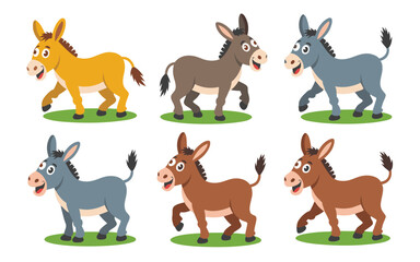 Fototapeta premium Six Cartoon Donkeys of Different Colors Walking on Green Patches of Land, Isolated on White
