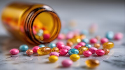 Colorful Pills Scattered on Marble Surface with Blurred Medicine Bottle in Close-Up
