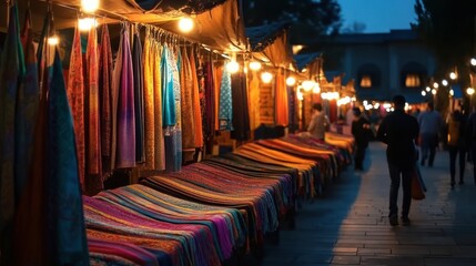 Colorful textiles displayed along a warmly lit evening market street